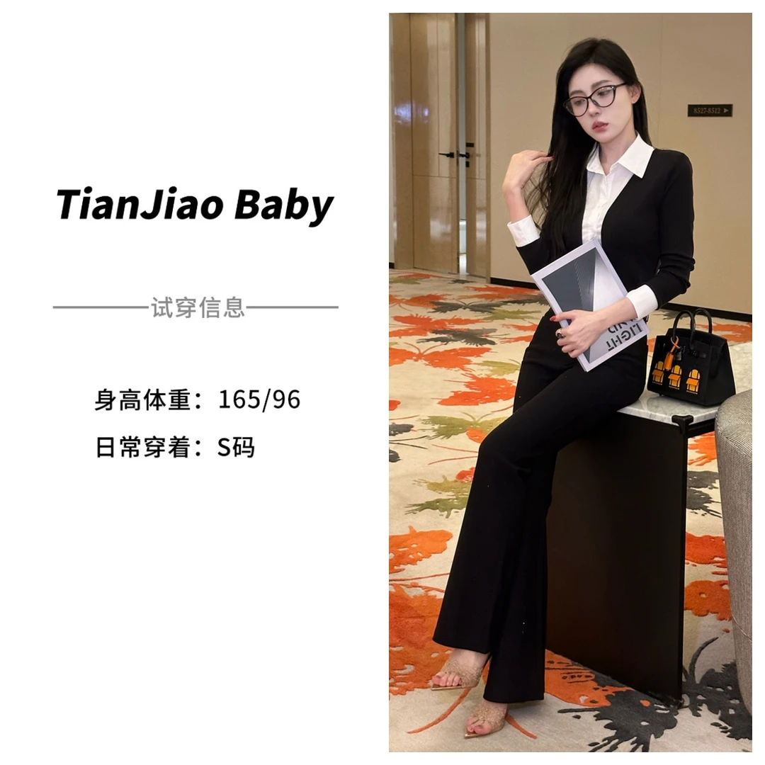 田娇baby 秋季新款  黑色微喇裤 流星闪钻烫钻工艺修身显瘦微喇裤