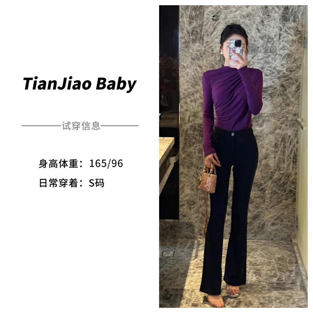 田娇baby  早秋新款  黑色喇叭裤  高腰修身设计烫钻喇叭长裤