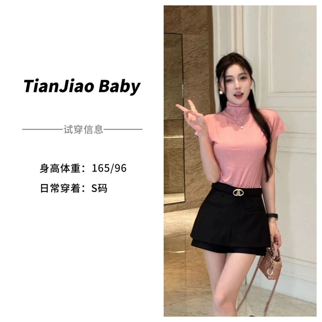 田娇baby 早秋新款 亮钻高领上衣  小飞袖立显直角肩显身材款上衣