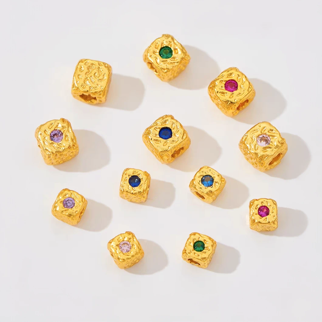 精致镶嵌彩色锆石锤纹方糖方块金色隔珠通孔串珠diy编绳配件