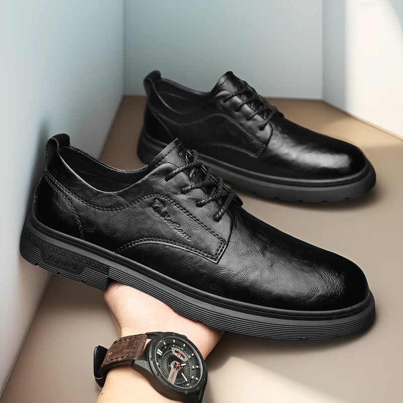 新款软底时尚男士黑色百搭皮鞋工作爆款防滑休闲皮鞋牛皮商务正装