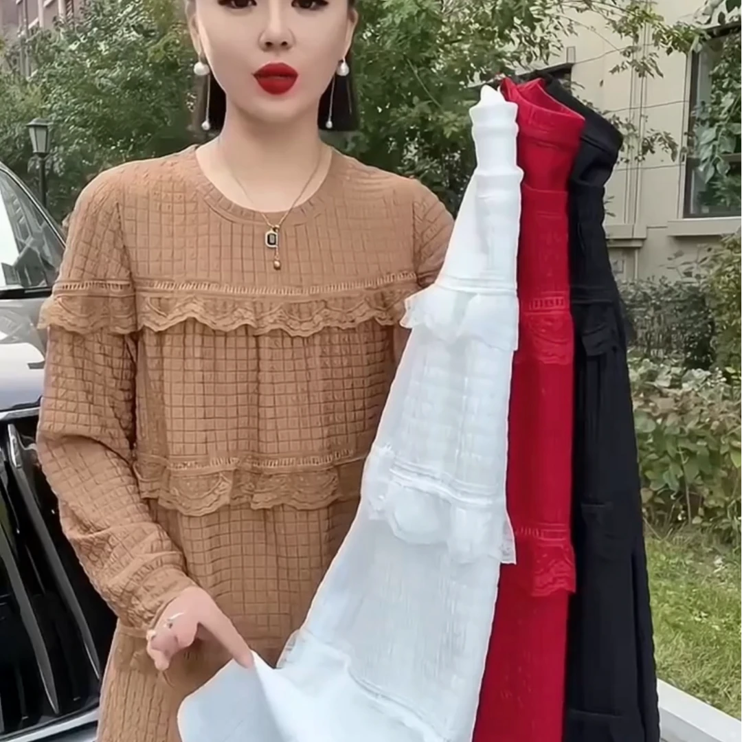 秋季女士休闲中长款大版衫2024新款圆领玉米格拼接蕾丝百搭上衣