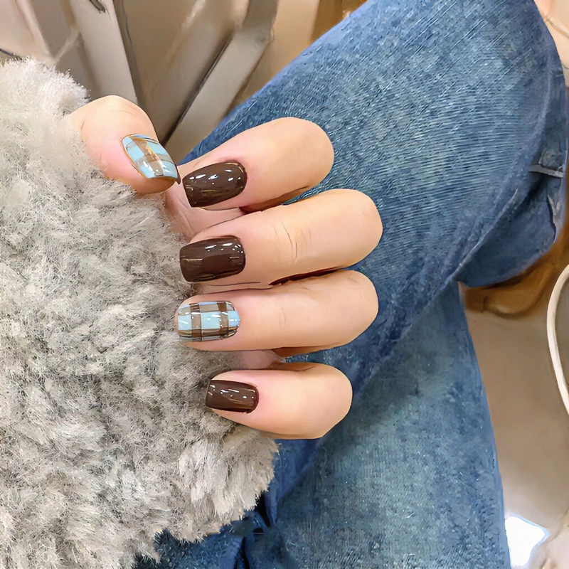 抹茶拿铁纯手工光疗甲片穿戴美甲薄荷蓝早秋美甲款式可拆卸甲片