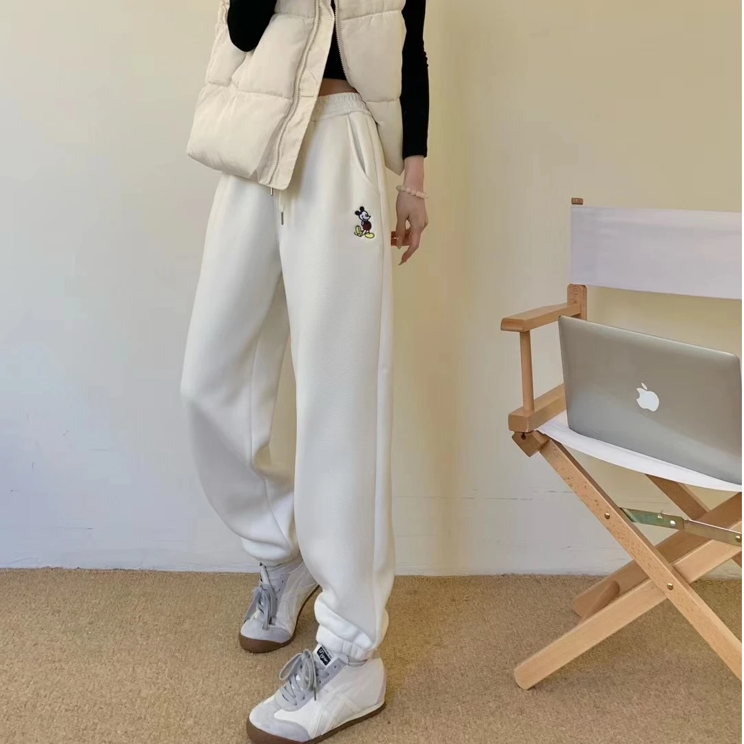 【3549-55】冬季新款加绒加厚纯色卡通刺绣束脚卫裤