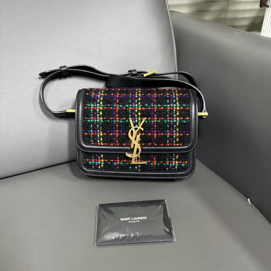 95新 YSL/圣罗兰 坤球奢选 圣罗兰小号毛呢拼皮豆腐斜挎包