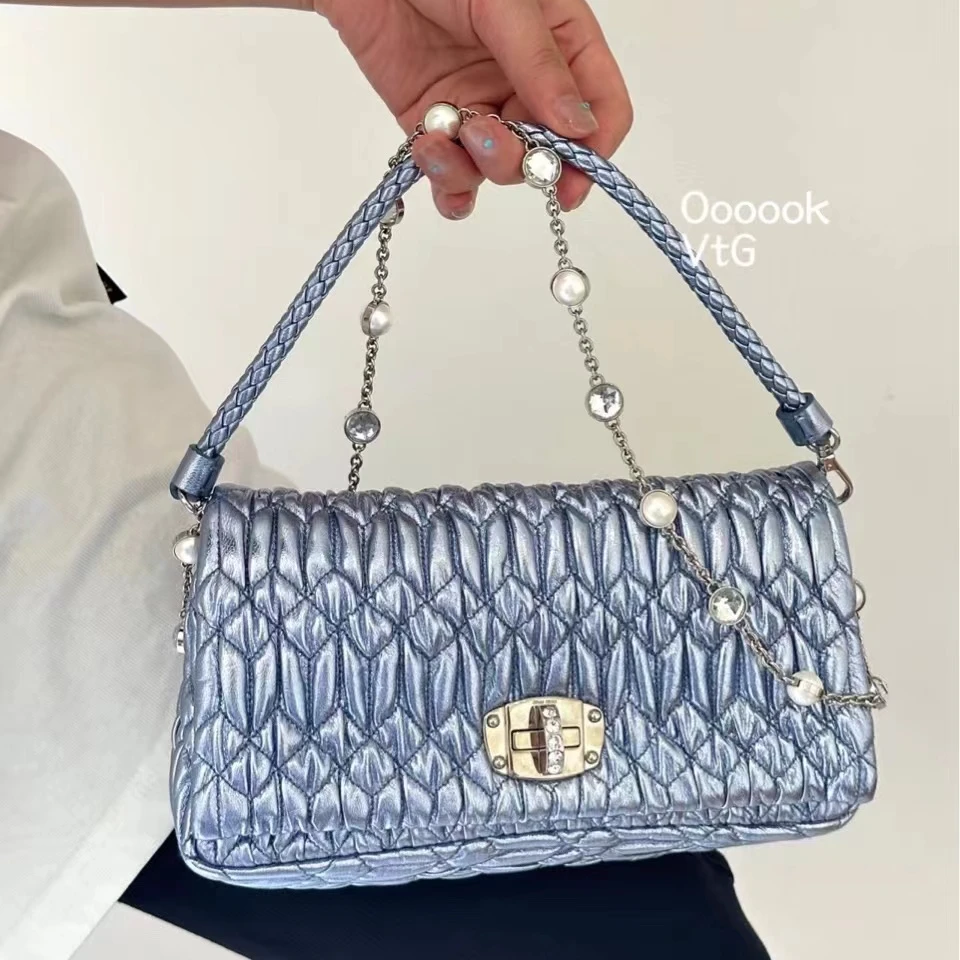 95新 MIU MIU/缪缪 CS5183/冰蓝色褶皱宝石小号/斜挎包