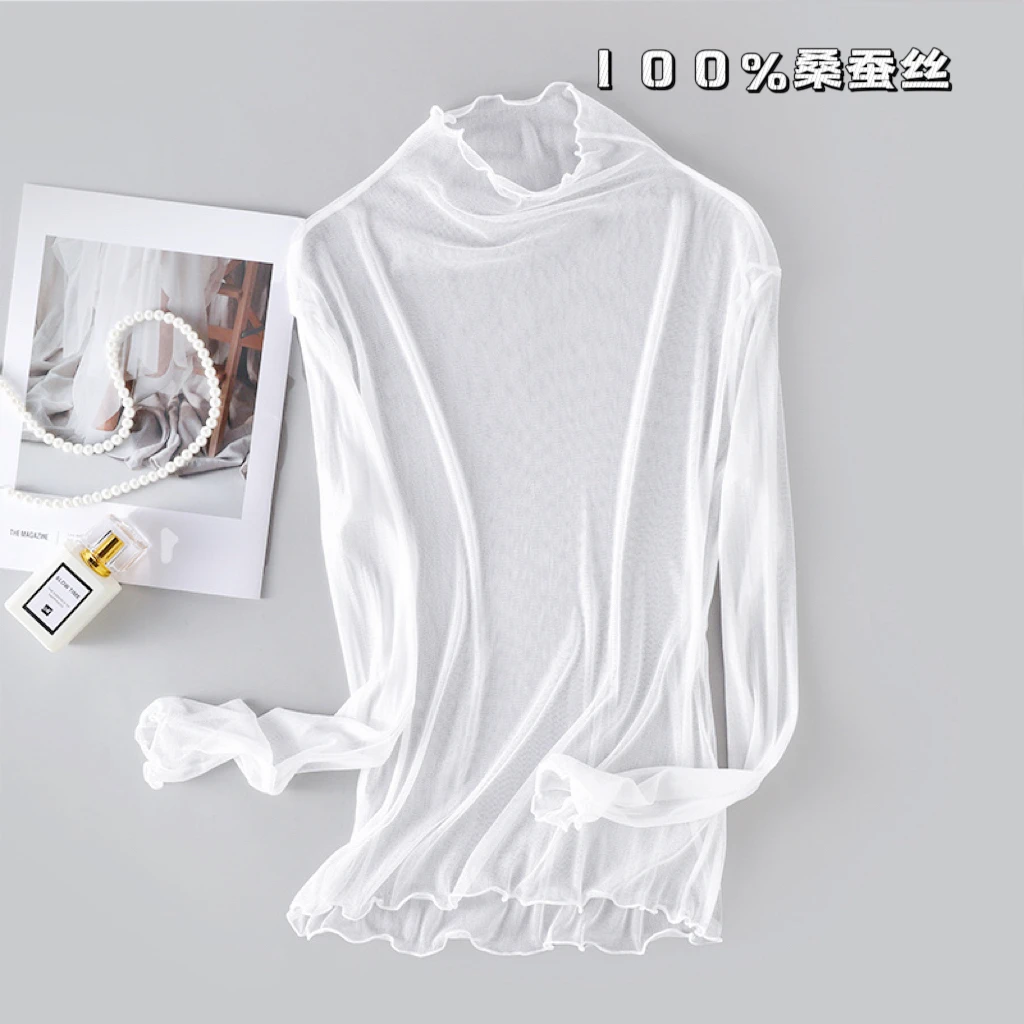 100%桑蚕丝网眼性感透视打底衫 波浪半高领真丝网纱轻薄透气上衣