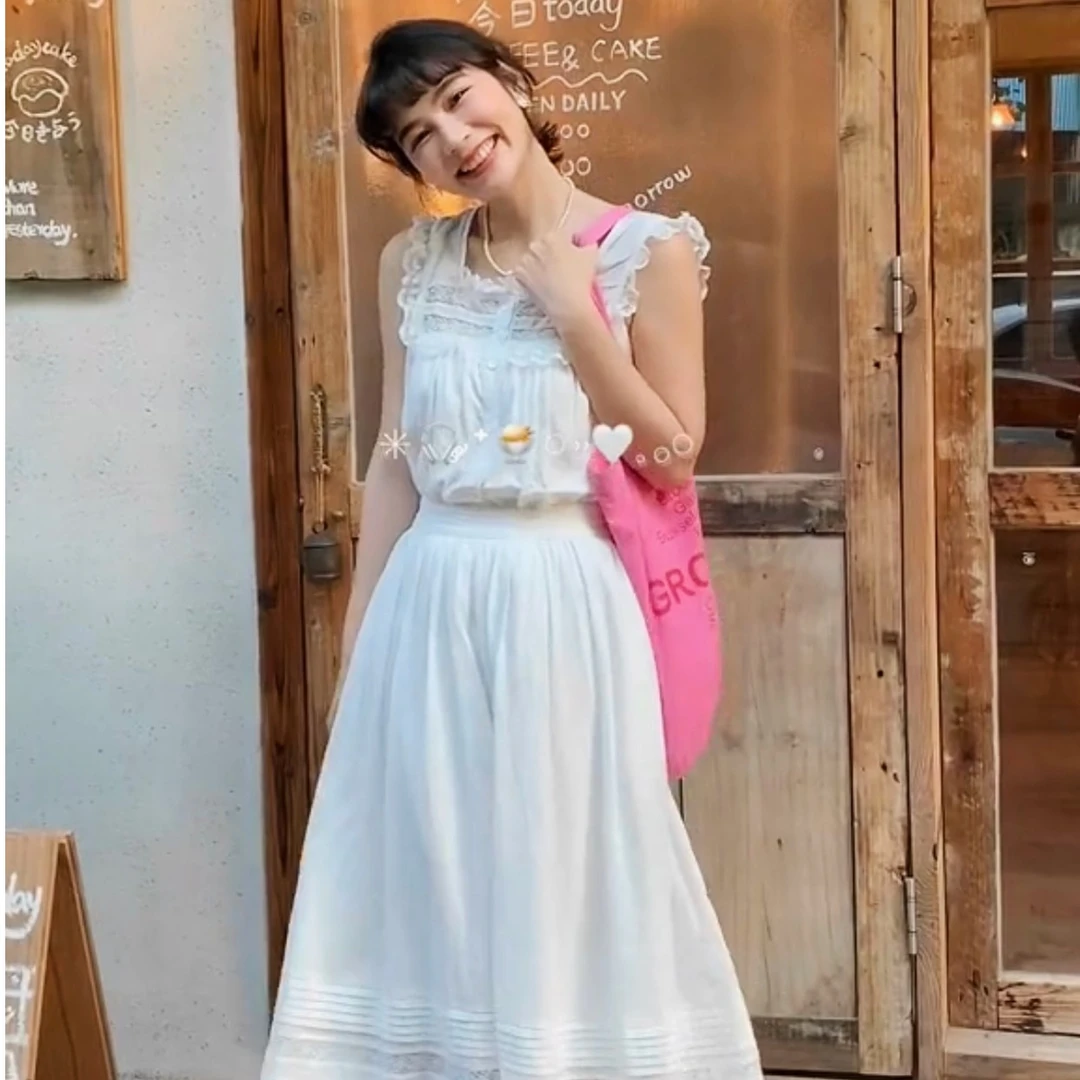秋屿頔moment 自制 夏季法式花边无袖背心白色连衣裙