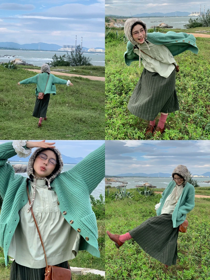 秋屿moment 自制  秋冬宽松休闲百搭多色系扣针织毛衣开衫外套