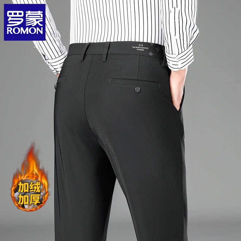 罗蒙休闲裤男冬季宽松直筒男士加绒裤子2023秋冬款高端商务西裤男