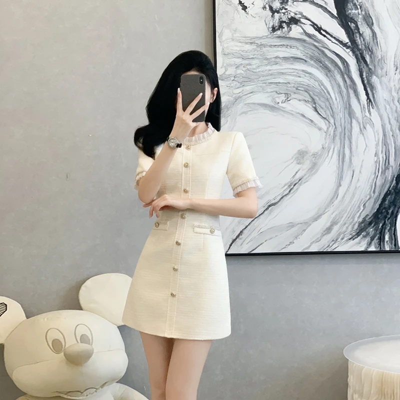 高级感小香风收腰连衣裙女夏季新款法式轻奢木耳花边气质短袖裙子