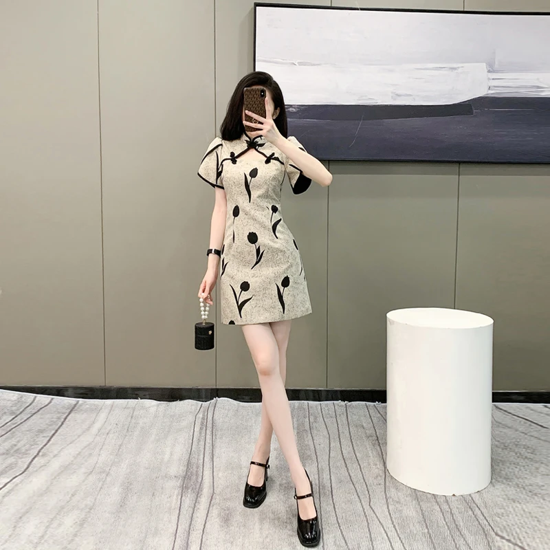 新中式国风复古改良旗袍连衣裙女2024夏季新款修身显瘦气质短裙子