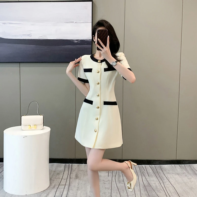 正式场合连衣裙女夏小个子通勤小香风名媛气质白色短袖A字裙薄款