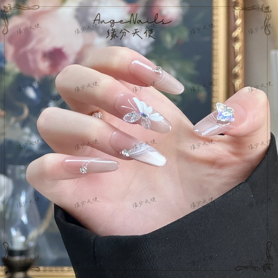 缘分天使【蝴蝶绸缎】纯手工定制美甲拆卸穿戴甲A0026