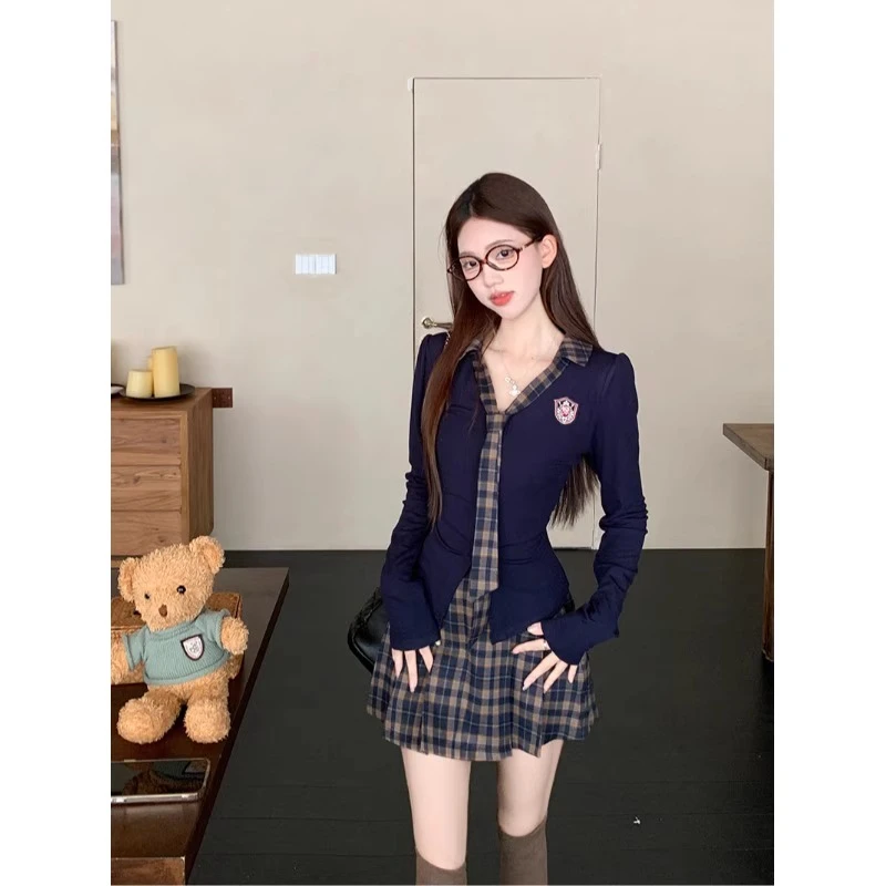 2024秋新款学院风POLO领长袖上衣女高腰显瘦格子半身裙两件套T-44