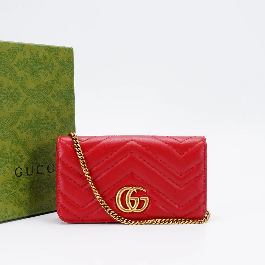 95新 GUCCI/古驰 【静文vic】马蒙链条包woc红色/BG22006634