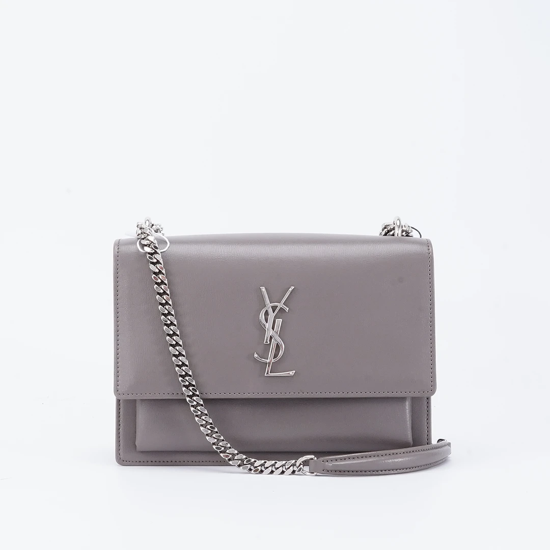 95新  YSL/圣罗兰日落包中号光面灰银/BG22012468