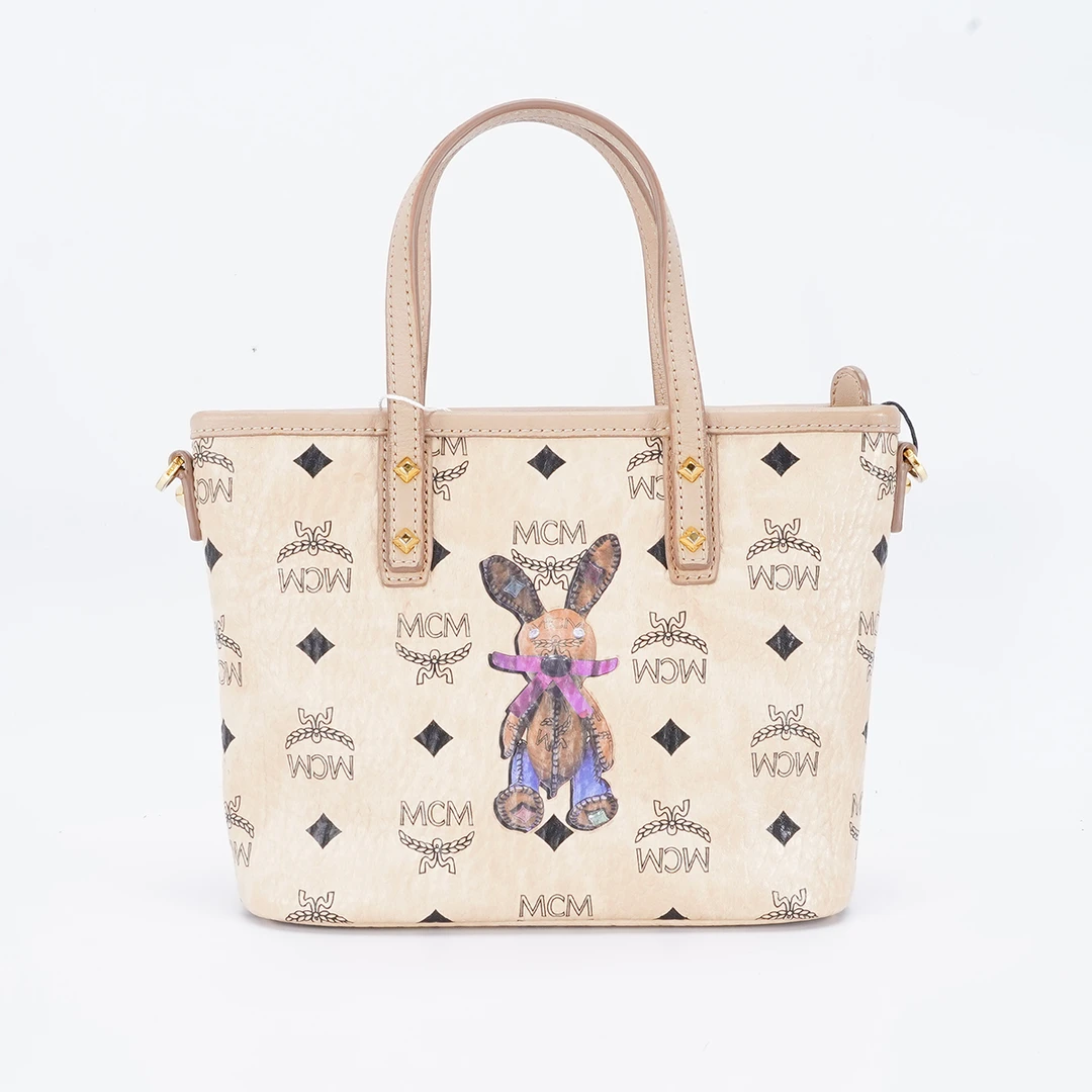 95新 MCM 【桔夕诗诗】MCM 菜篮子包兔子涂鸦米色/BG22005164