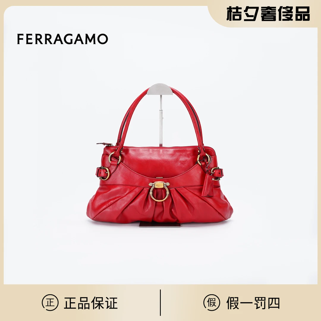 95新 FERRAGAMO/菲拉格慕 【桔夕静文】gancino 红色 牛皮 手提包