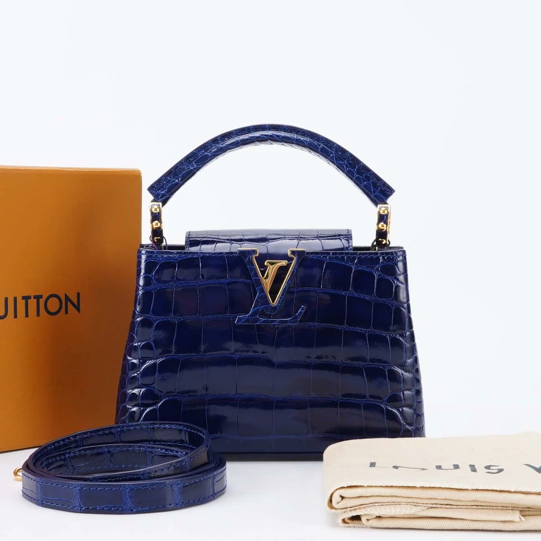 95新 LouisVuitton/路易威登 capucines蓝金鳄鱼皮手提斜挎包