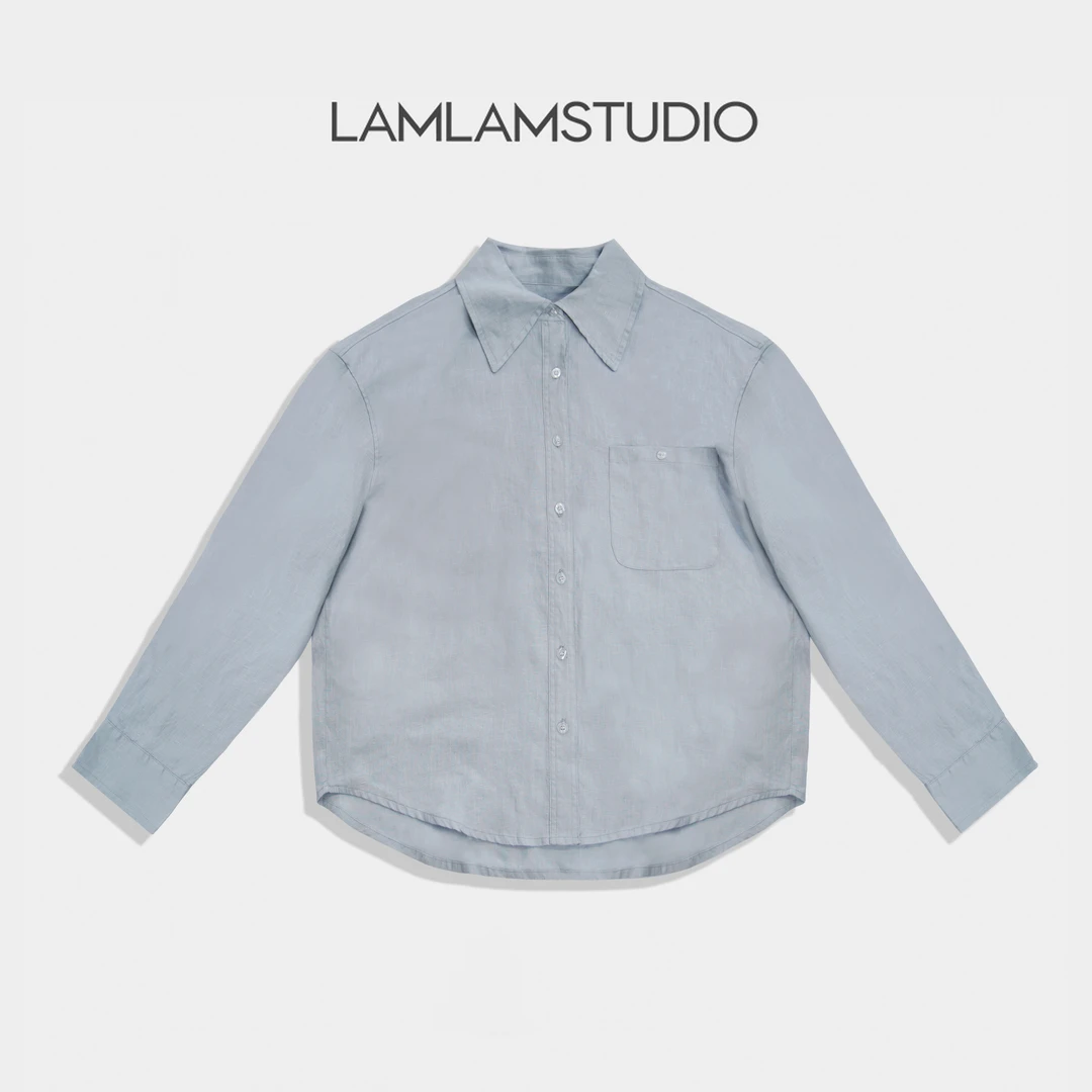 ”日奢蓝麻“蓝色翻领衬衫长袖时尚春秋衬衣女薄款 张一琳