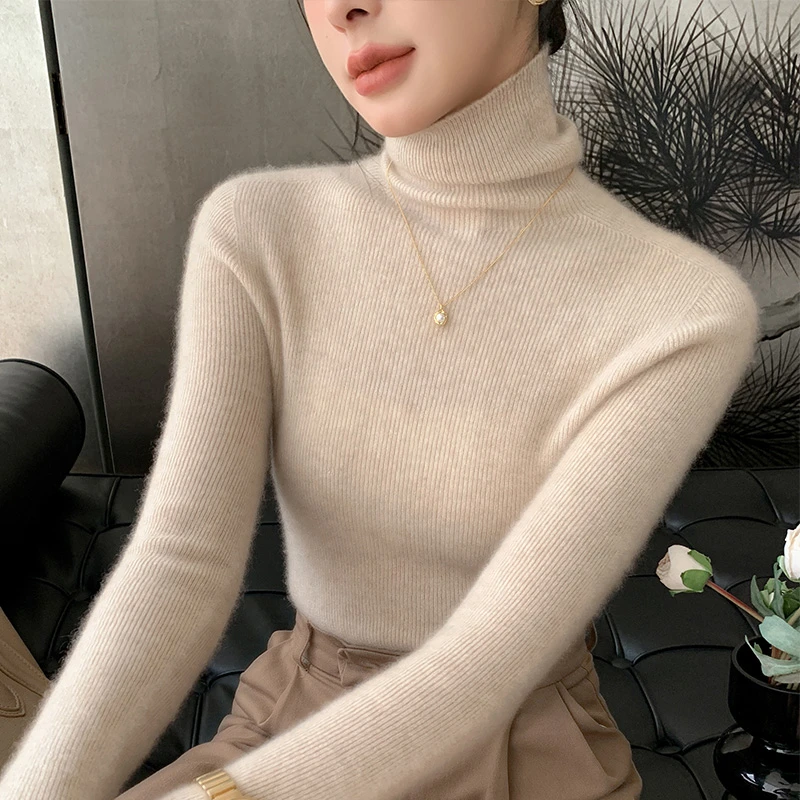 一线成衣秋冬高翻领100%纯羊绒衫内搭抽条修身打底针织毛衣女2297