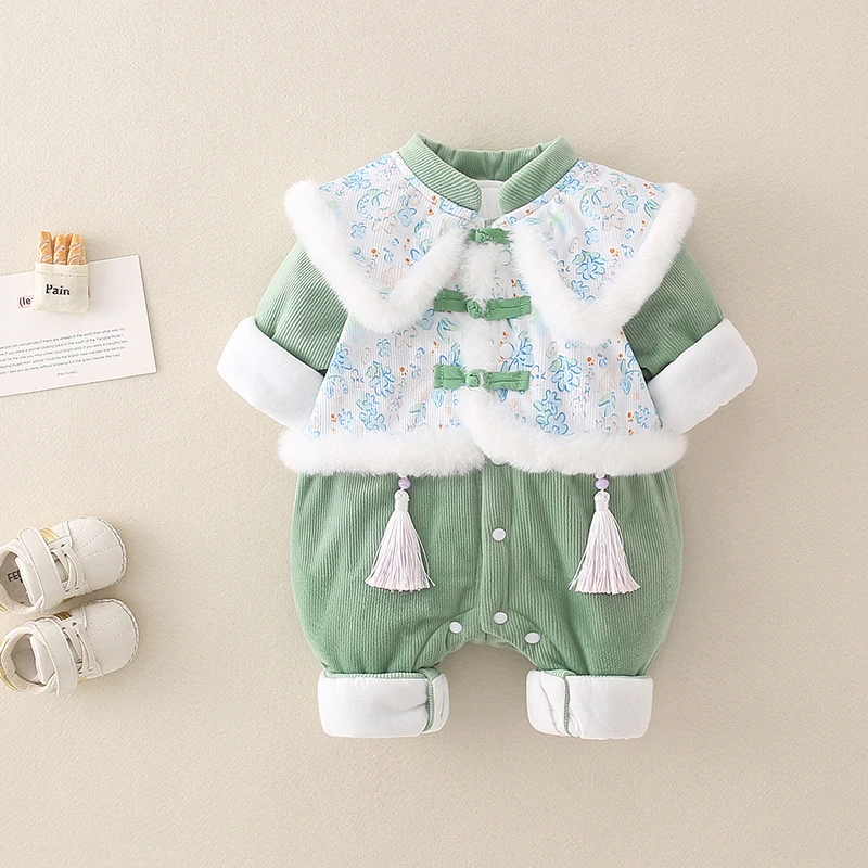 女娃周岁衣服中式假两件连体衣夹棉深秋外出服百天婴儿衣服秋冬款