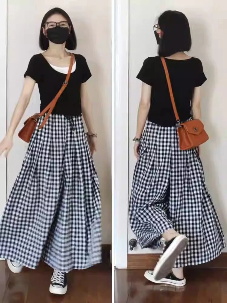 黑白格子裙裤大码胖mm显瘦休闲裤女2024新款春秋遮跨宽阔腿九分裤