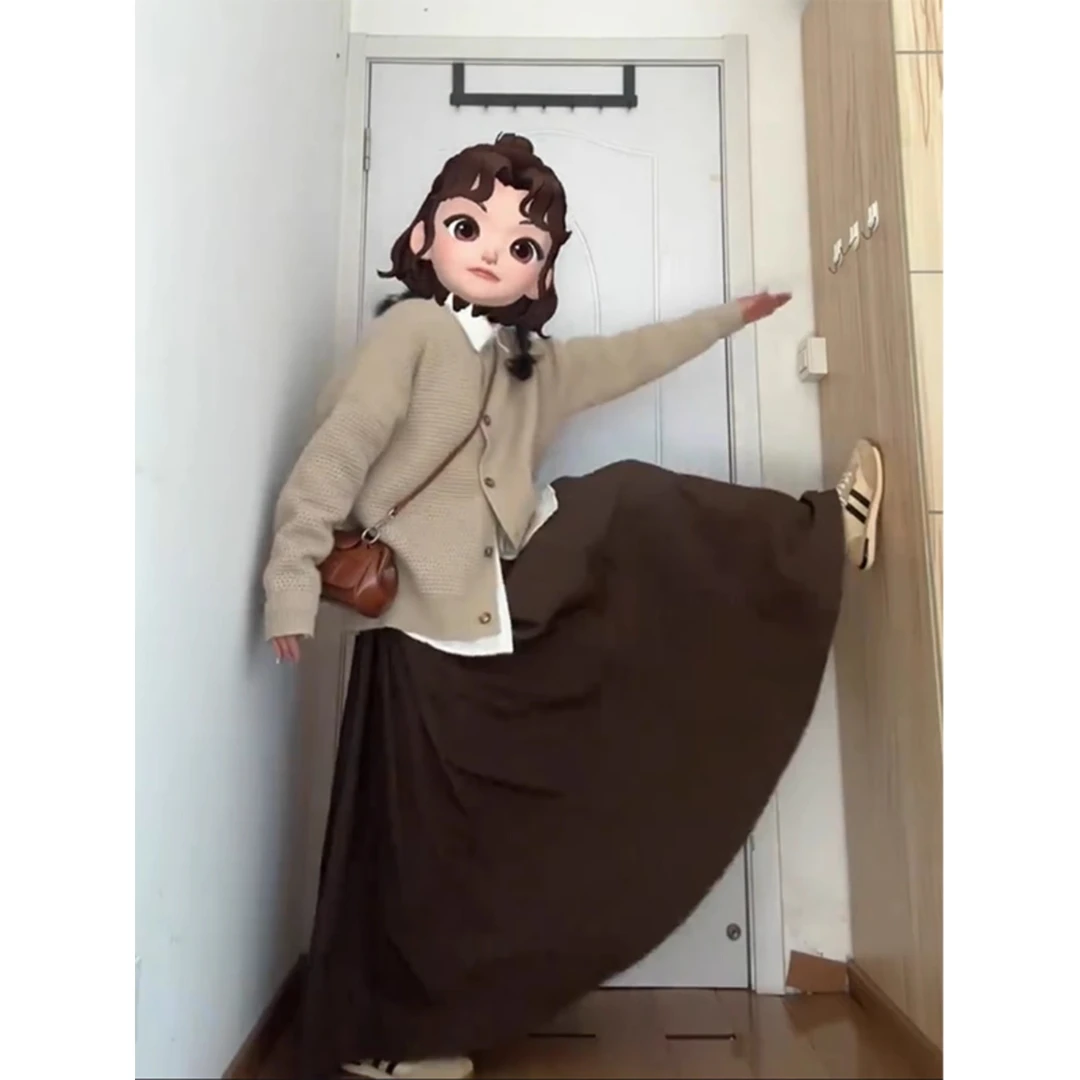 咖色伯克利裙春秋大码胖mm梨型身材显瘦长裙到脚踝宽松百褶半身裙