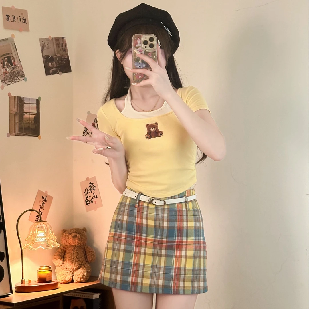 奶黄小熊长短 织物猪原创 甜酷风修身版实拍显瘦T彩虹格JK制服