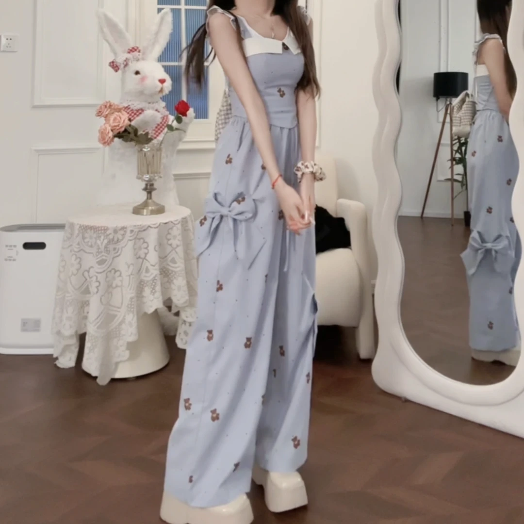 小熊奶油卷背心长裤 织物猪原创 实拍蓝色甜酷学院风小熊印花JK