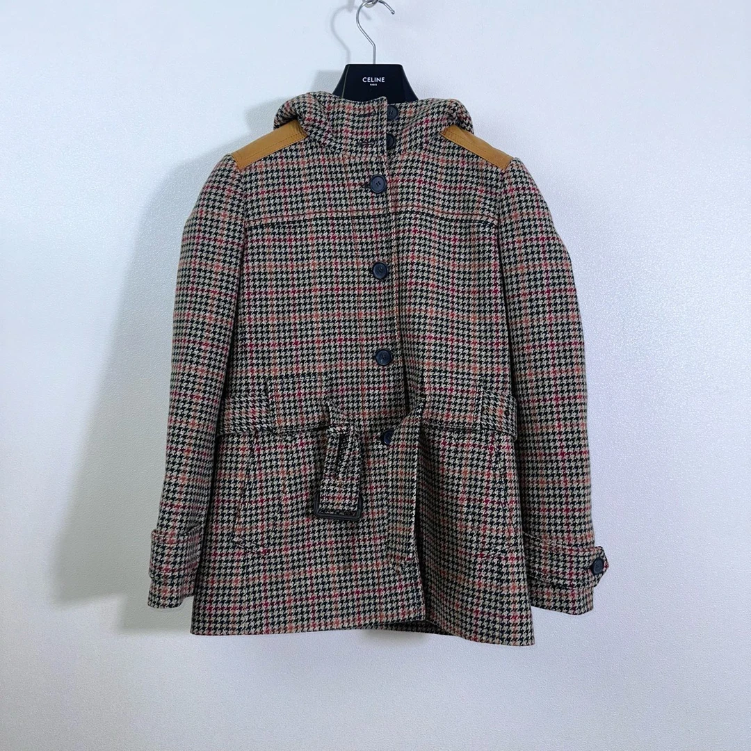 PRADA 普拉达/短款羊毛规则格纹连帽外套/40码/全新原吊/001172