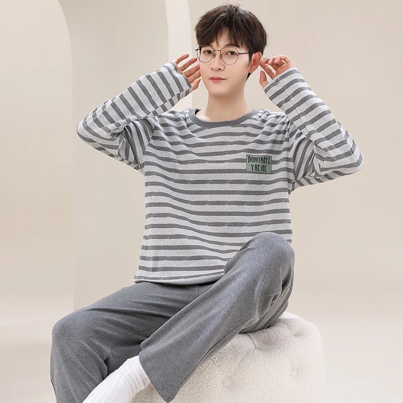 男士睡衣纯棉春秋季长袖青中年韩版学生大码男生全棉家居服套装冬