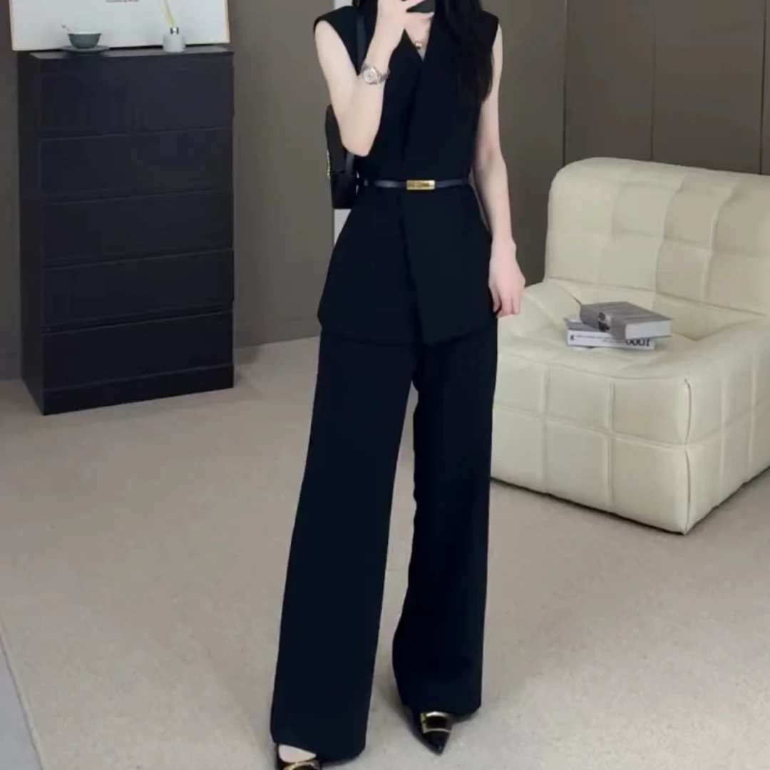 （送腰带）2025夏季新款休闲气质显瘦收腰上衣+裤子套装S-XL