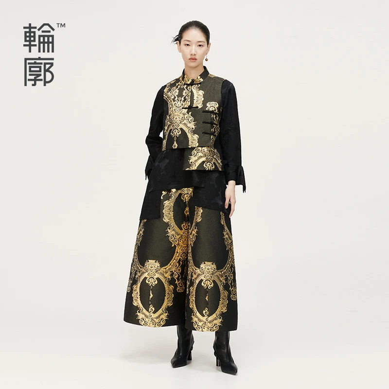 轮廓啼吟系列设计师款复古不对称提花马甲L223Y045时尚休闲潮流
