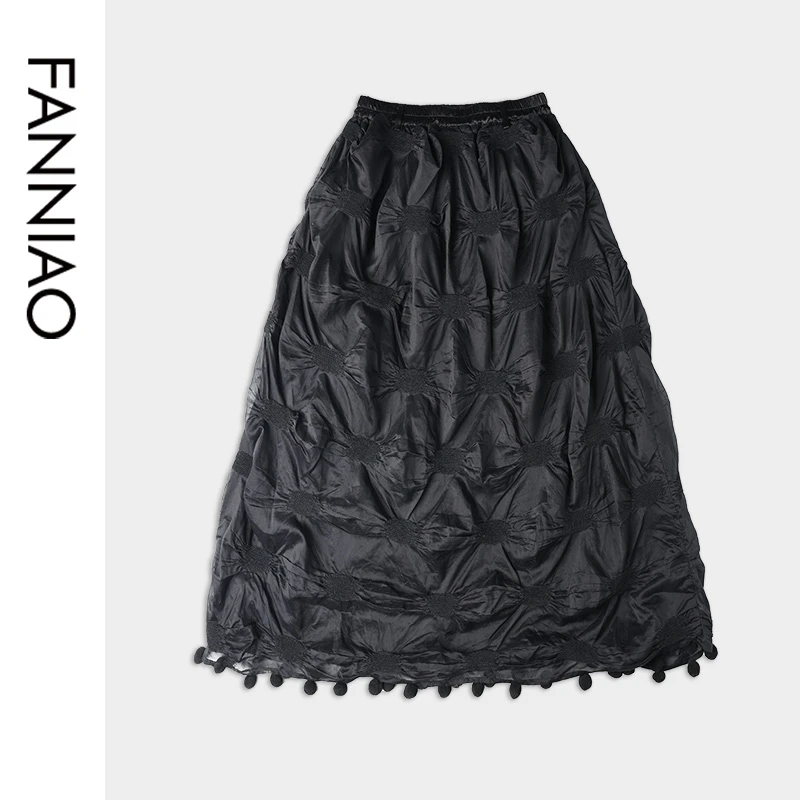 凡鸟F243Q001原创设计复古褶皱半身裙时尚气质立体设计感半裙黑