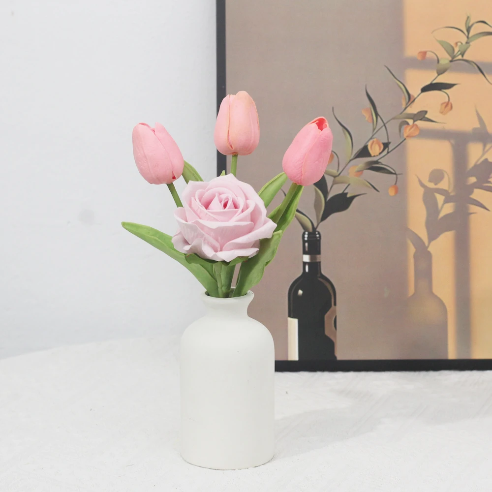 仿真玫瑰花束郁金香假花桌面台面小摆件餐桌小圆桌家居装饰套装