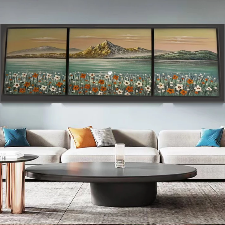 高档大气沙发背景墙挂画客厅挂画三联画背靠金山纯手绘油画