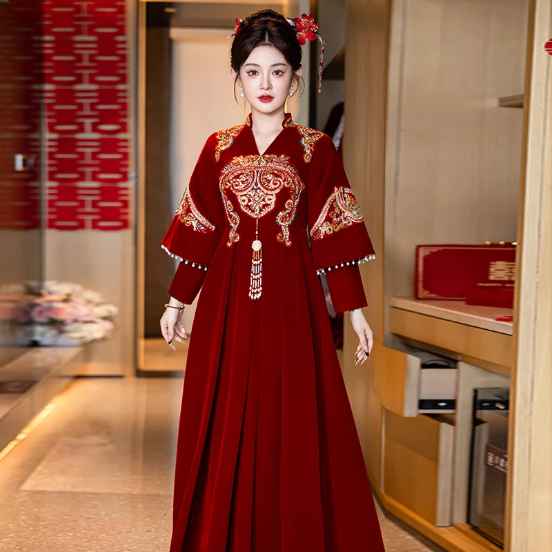 中式酒红色孕妇敬酒服新娘2025新款高腰遮肚大码小个子订婚秀禾服