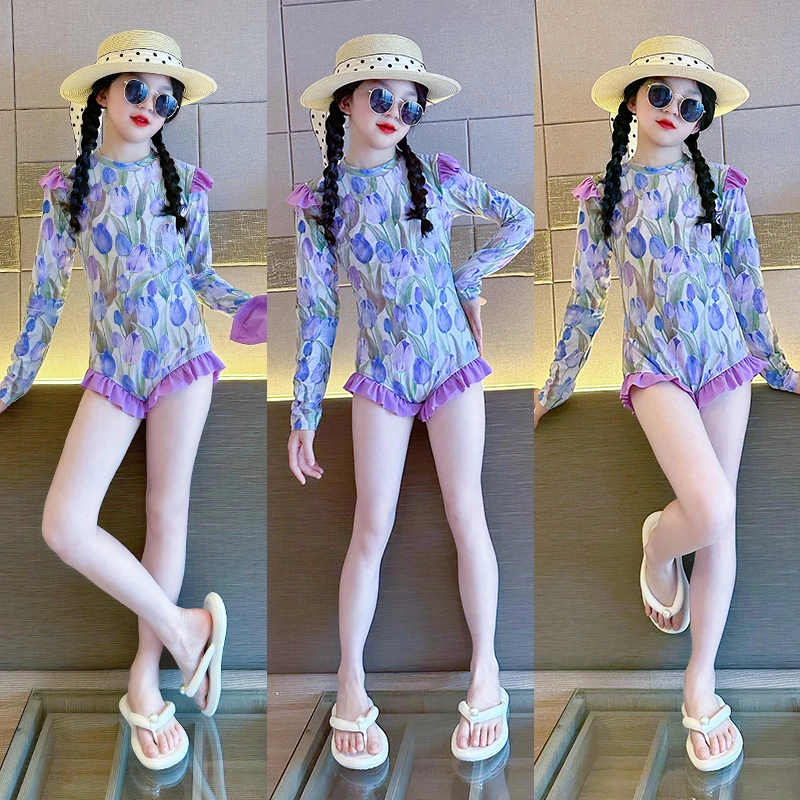 女童温泉泳衣多巴胺2025夏季新款儿童长袖游泳衣洋气女孩海边泳装