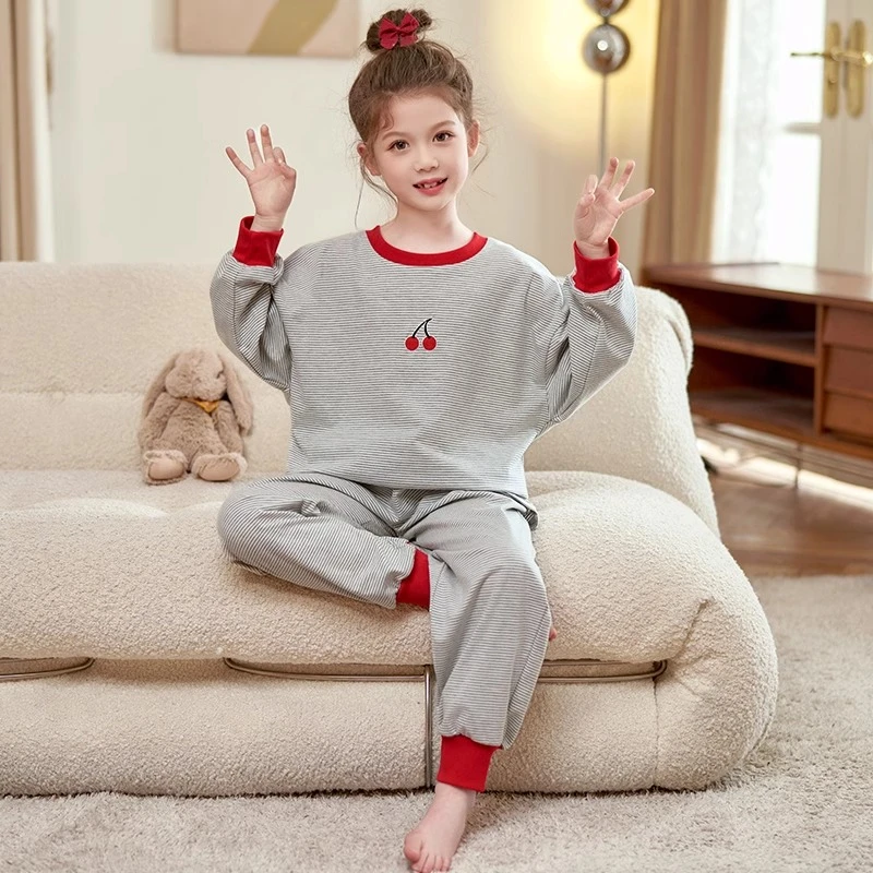 儿童春秋睡衣套装长袖2025新款圆领女童条纹家居服纯棉女孩空调服