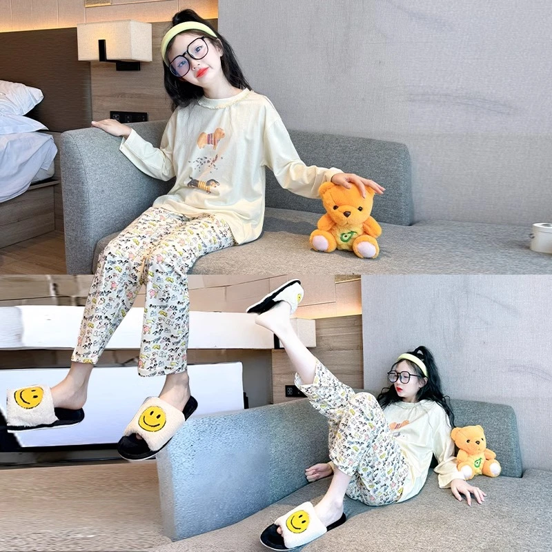 儿童高端纯棉睡衣2024春秋新款公主风家居服女童秋季网红长袖套装