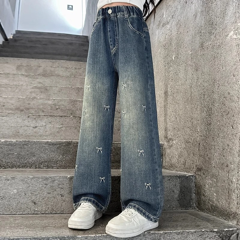 女童牛仔裤春秋款2024新款中大儿童蝴蝶结阔腿裤女孩秋装裤子洋气