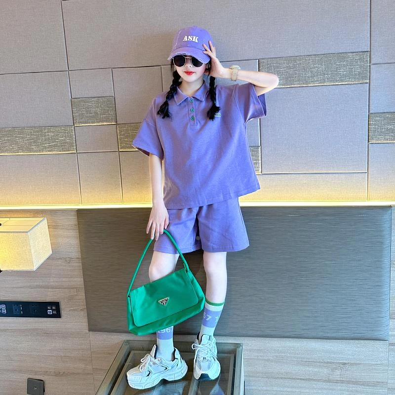 女童紫色短袖套装2024夏季新款儿童POLO领上衣宽松透气儿童两件套