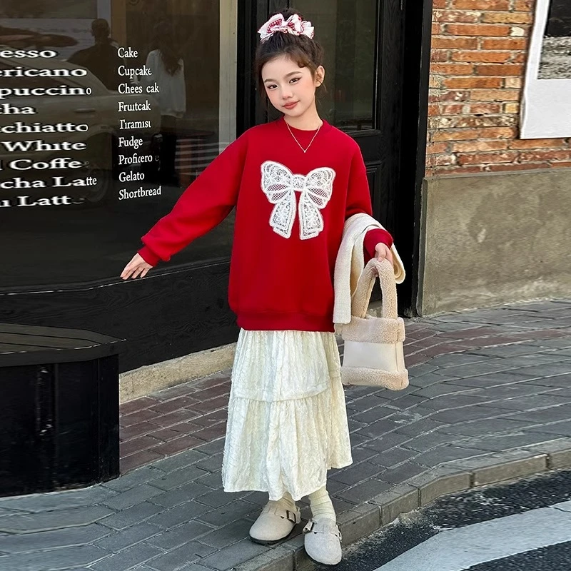 女童时髦加绒卫衣2024秋冬新款女大童圆领红色上衣儿童宽松打底衫