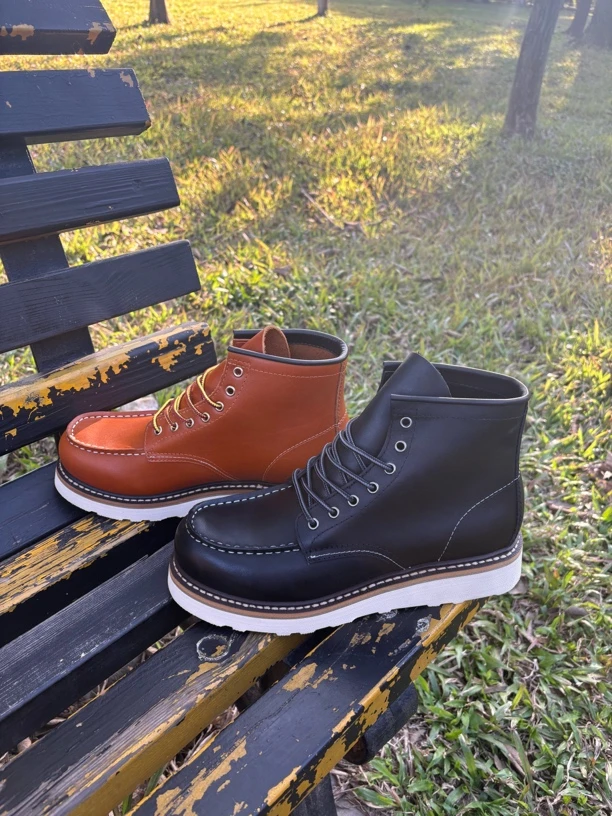 固特异油朱粒面牛皮875工装靴时尚户外百搭真皮复古棕色中帮