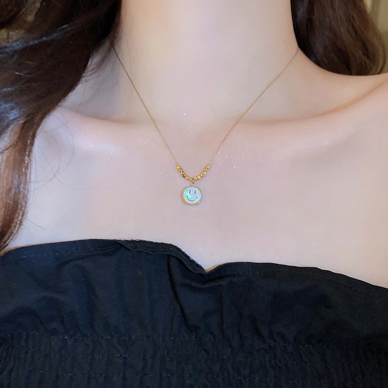 钛钢项链 千琢X1020不掉色 16颗转运珠方块贝壳笑脸精致锁骨项链