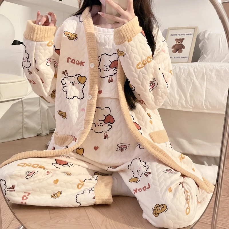月子服秋冬季加厚三件套空气棉孕妇哺乳睡衣产后产妇保暖冬天喂奶