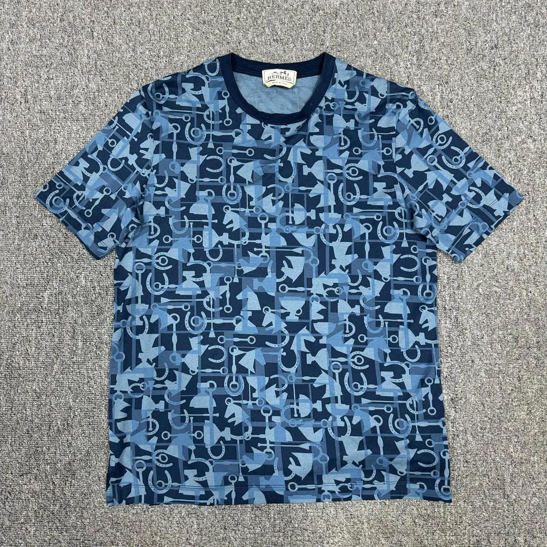 Hermes 爱马仕 马蹄图案印花圆领深蓝色短袖 XS码98新 10266433