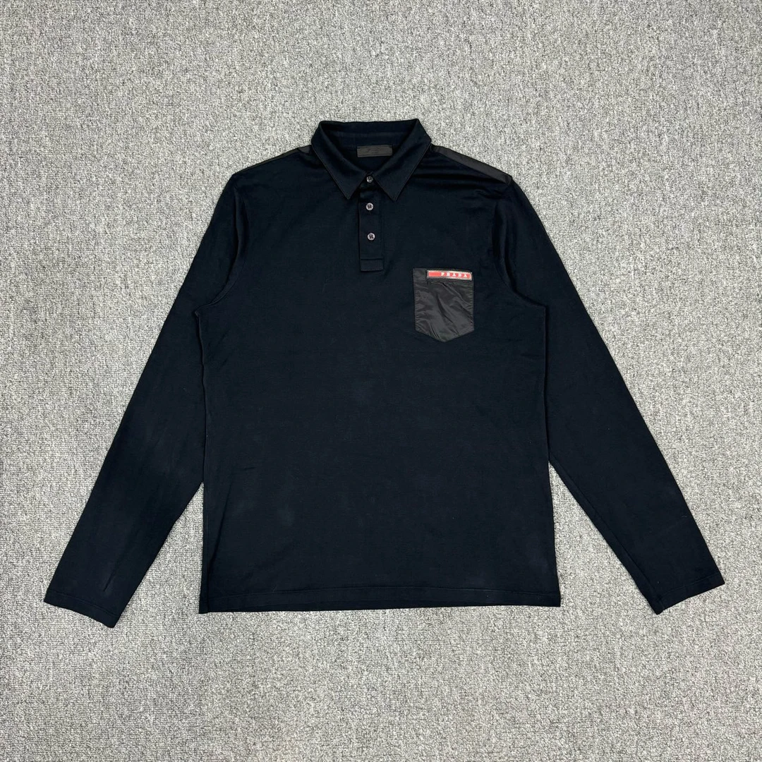 Prada普拉达 黑色尼龙拼接口袋logo长袖T恤 L码99新 10484283